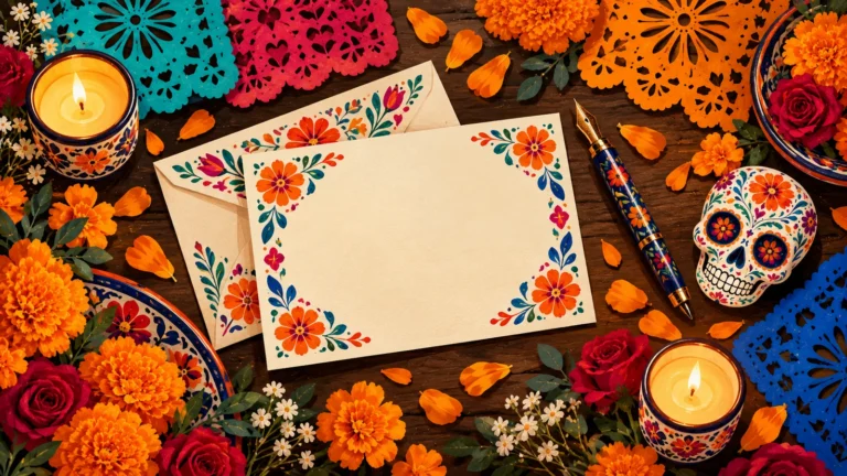 Мексиканская открытка ко Дню мертвых среди бархатцев и papel picado